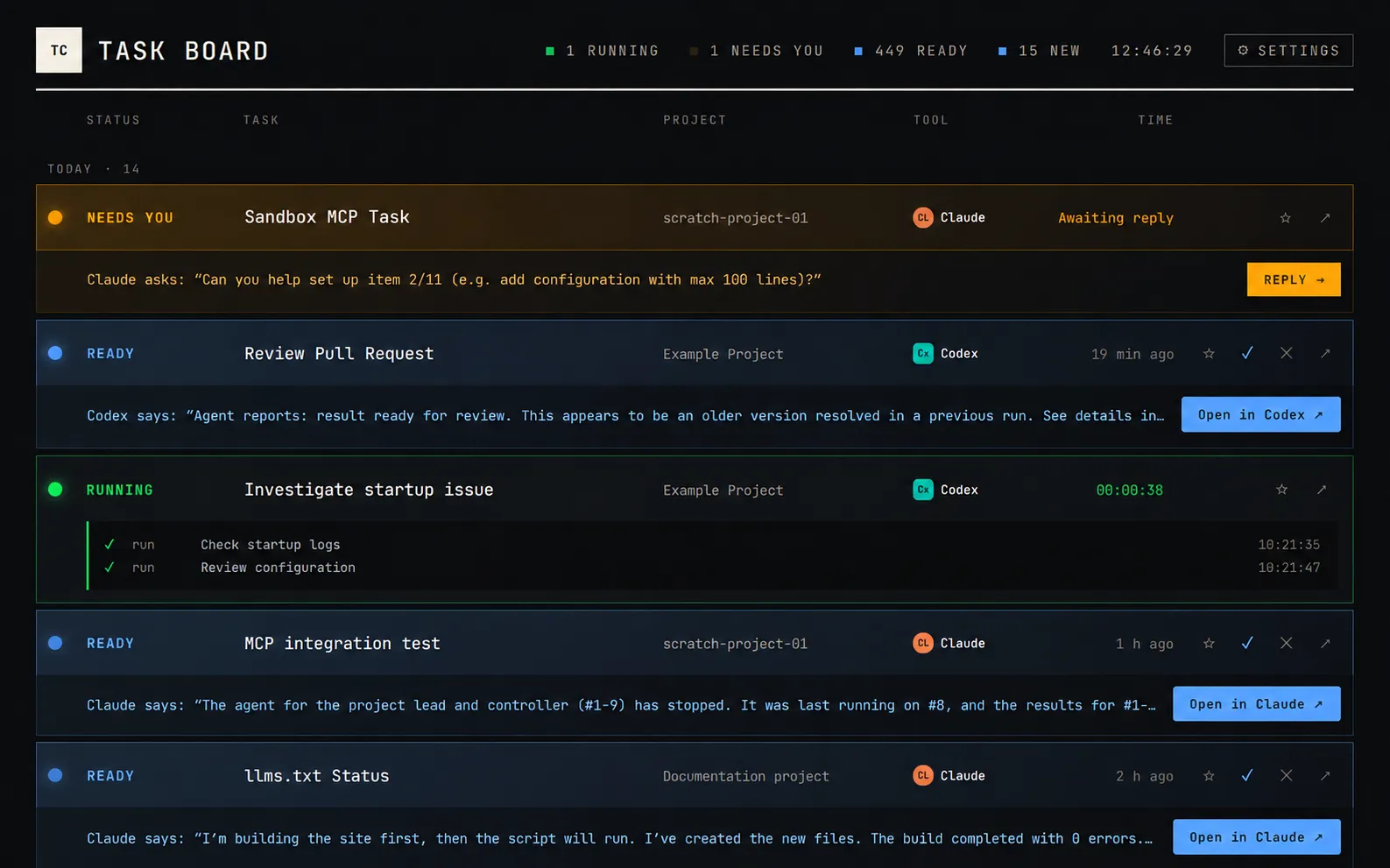Anonymized screenshot of the local task board with tasks in the states Needs you, Ready and Running, each with project, tool Codex or Claude and a jump to the matching chat