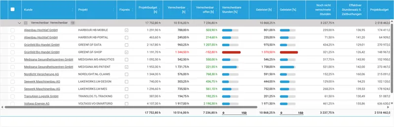 Budgetkontrolle je Projekt mit Fortschrittsbalken für geleistete und verrechenbare Stunden