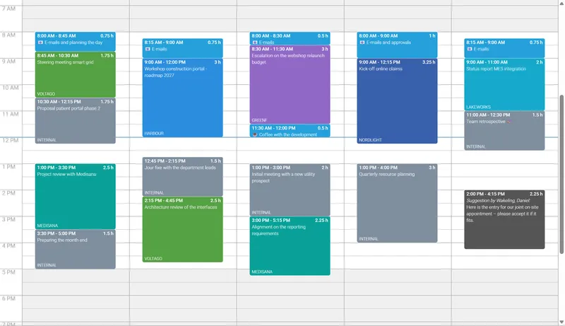 Time tracking calendar: bookings of a working week per client and project