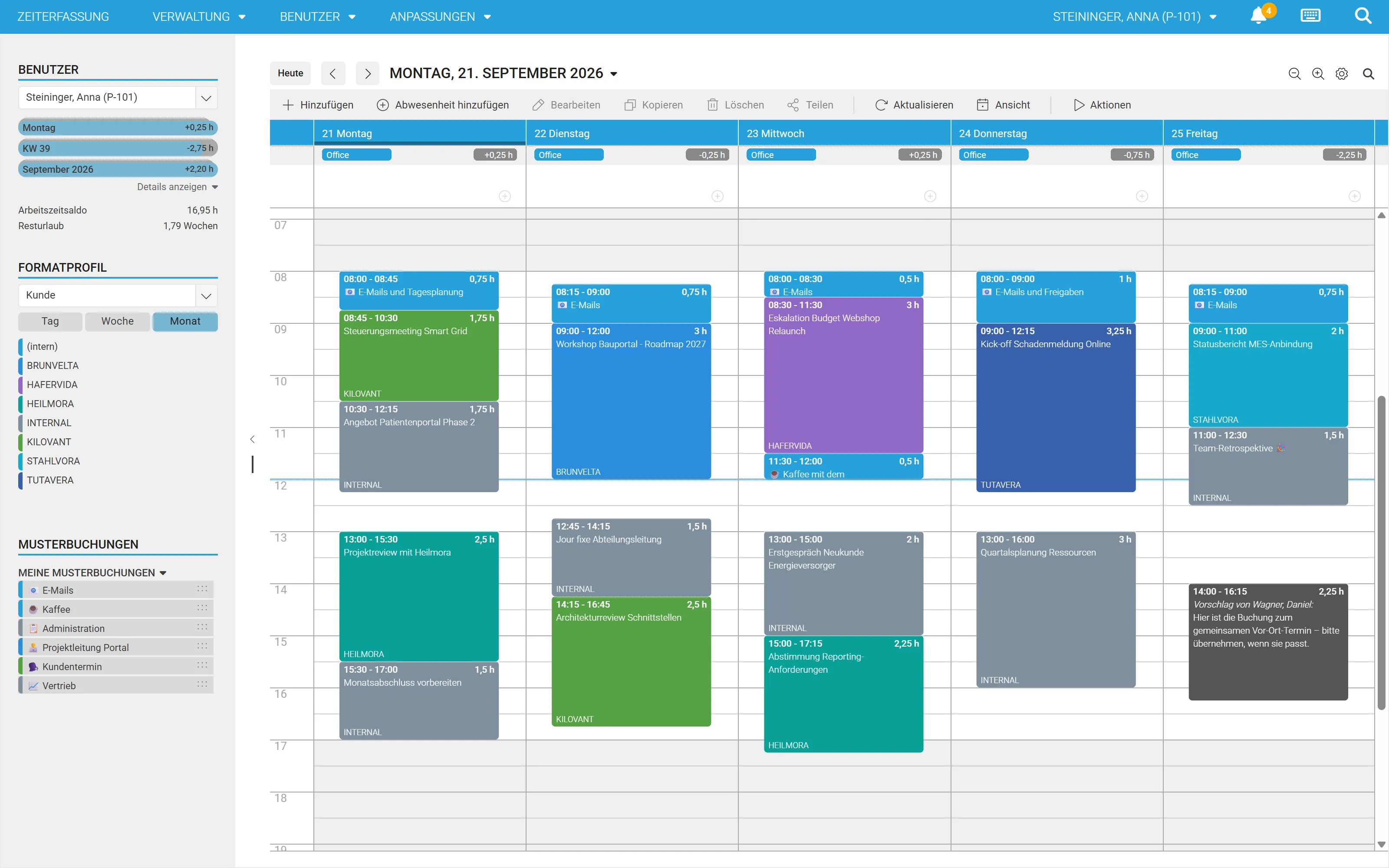 Ausschnitt aus dem Kalender von time cockpit: links die Liste der Musterbuchungen wie E-Mails, Kaffee und Kundentermin, daneben die Buchungen des Nachmittags.