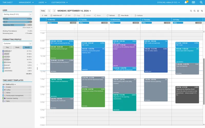 time cockpit time tracking calendar: weekly view with bookings per client and project, target vs. actual sidebar