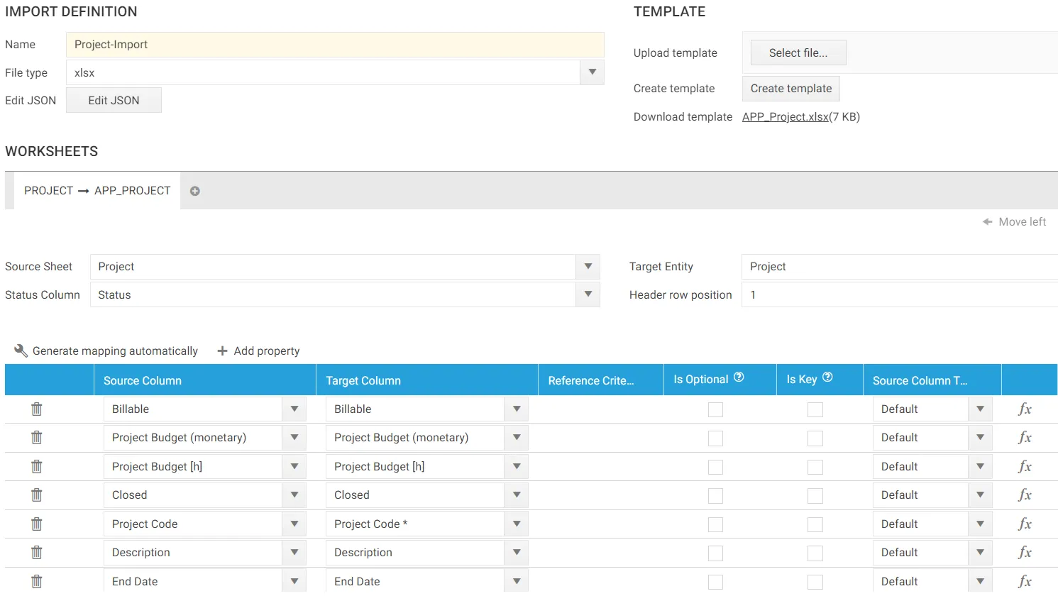 Excel importer: mapping of Excel columns to fields such as budget and billable