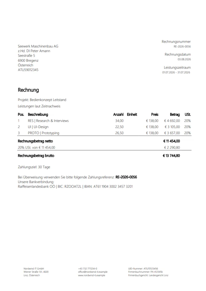 Rechnung aus Projektzeiten: Positionen je Tätigkeit, Netto, Umsatzsteuer und Brutto