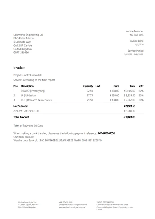 Invoice from time cockpit: three items according to the time report at an hourly rate of €138 and 20% VAT