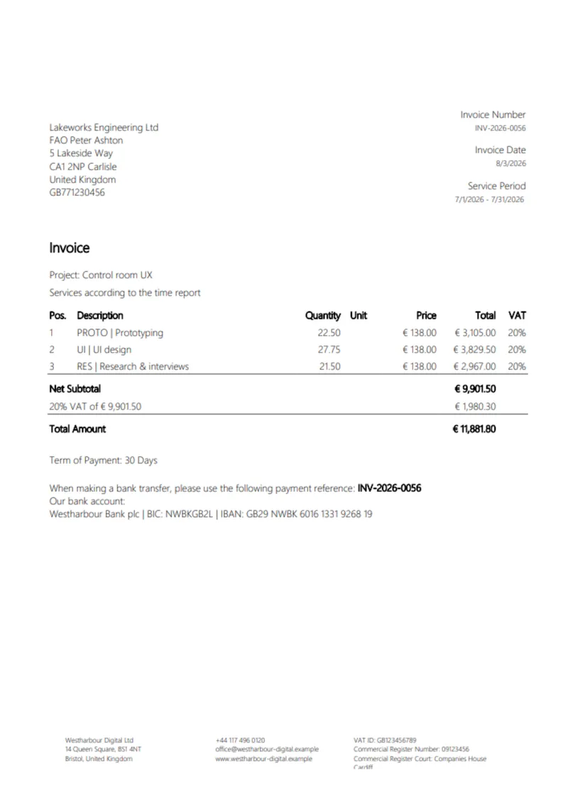 Invoice generated from project time entries: one position per task, net total, VAT and gross total