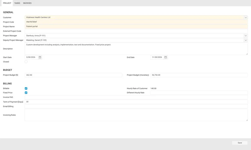 Project form in time cockpit with client, project lead, duration, budget in hours and euros and billing data