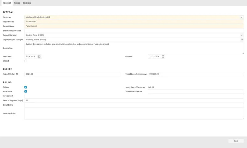 Project form with customer, project managers, budget and billing