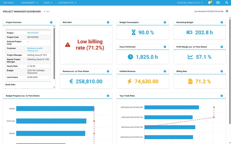 Project manager dashboard with budget consumption, remaining budget, revenue and risk warning