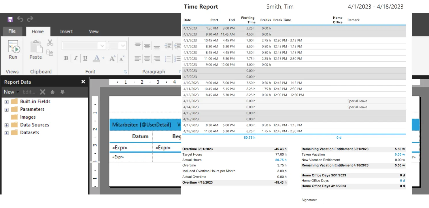 Microsoft Report Builder mit Berichtsentwurf und dem daraus erzeugten Arbeitszeitbericht