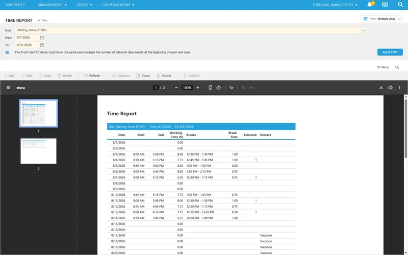 Time report as PDF with start, end, working time and breaks per day