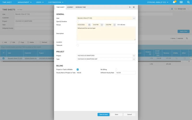 Time entry with project, task, billability and a different hourly rate