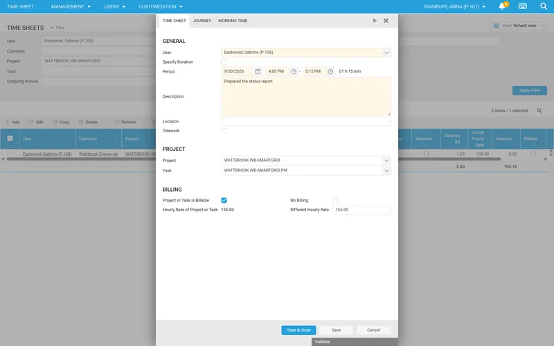 Time entry in time cockpit: period, description, project, task and hourly rate in one form